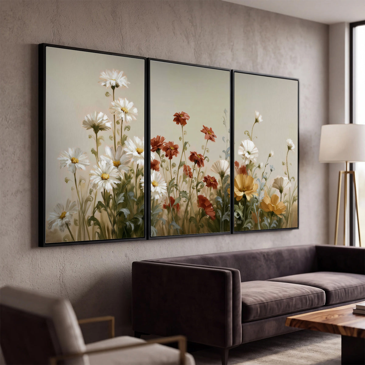 White wildflowers and warm red blossoms rising against a soft beige background 3 piece framed canvas wall art displayed in a modern living room