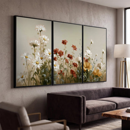 White wildflowers and warm red blossoms rising against a soft beige background 3 piece framed canvas wall art displayed in a modern living room
