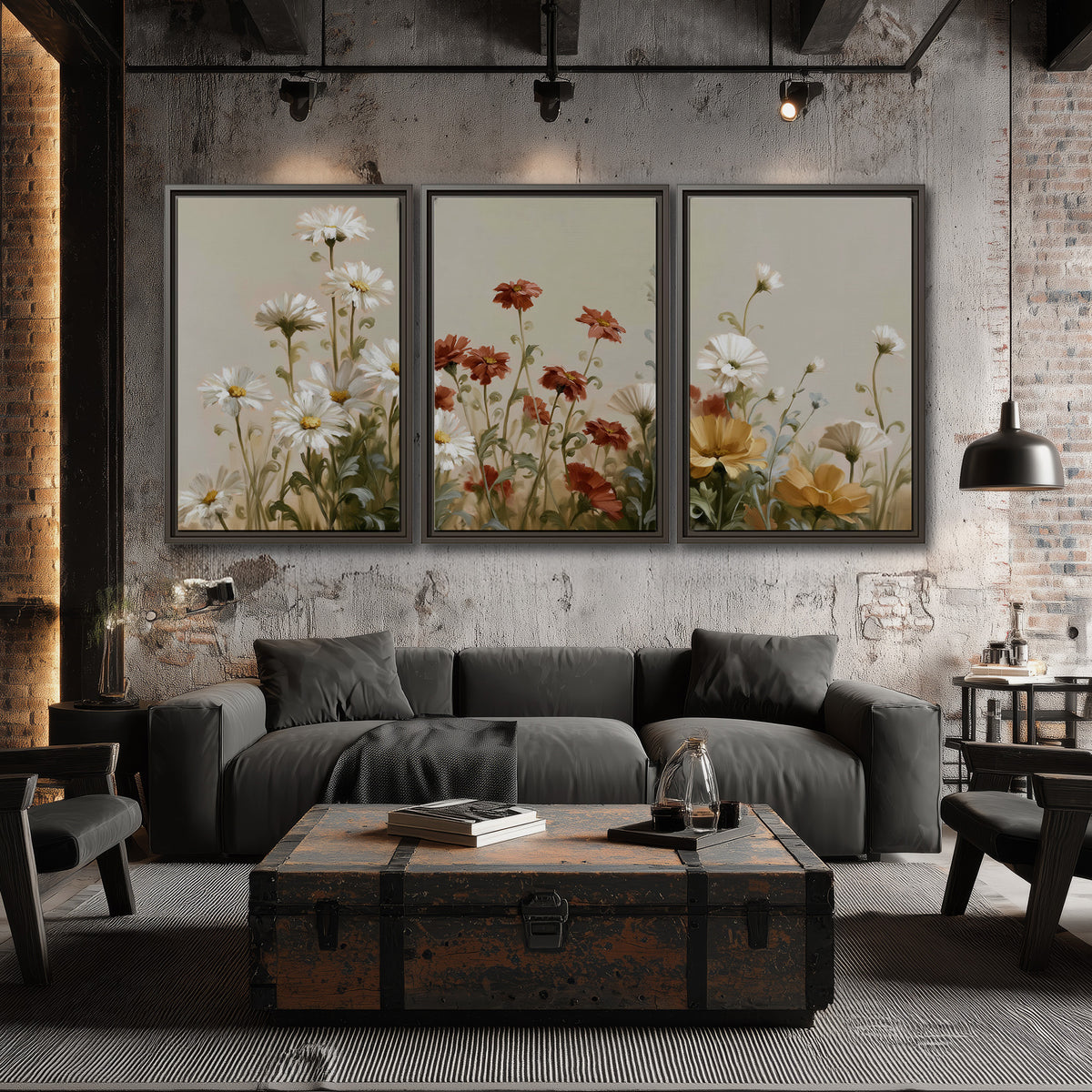 White wildflowers and warm red blossoms rising against a soft beige background 3 piece framed canvas wall art displayed in a industrial room