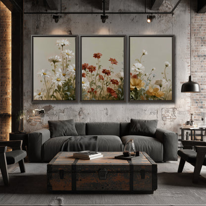 White wildflowers and warm red blossoms rising against a soft beige background 3 piece framed canvas wall art displayed in a industrial room