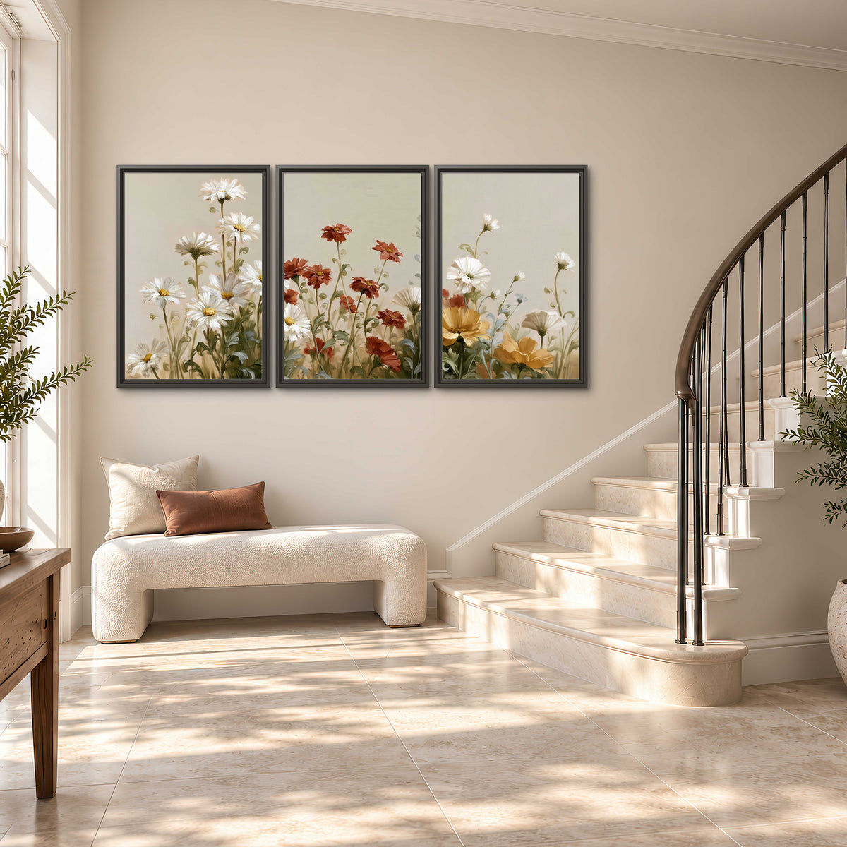 White wildflowers and warm red blossoms rising against a soft beige background 3 piece framed canvas wall art styled in an interior
