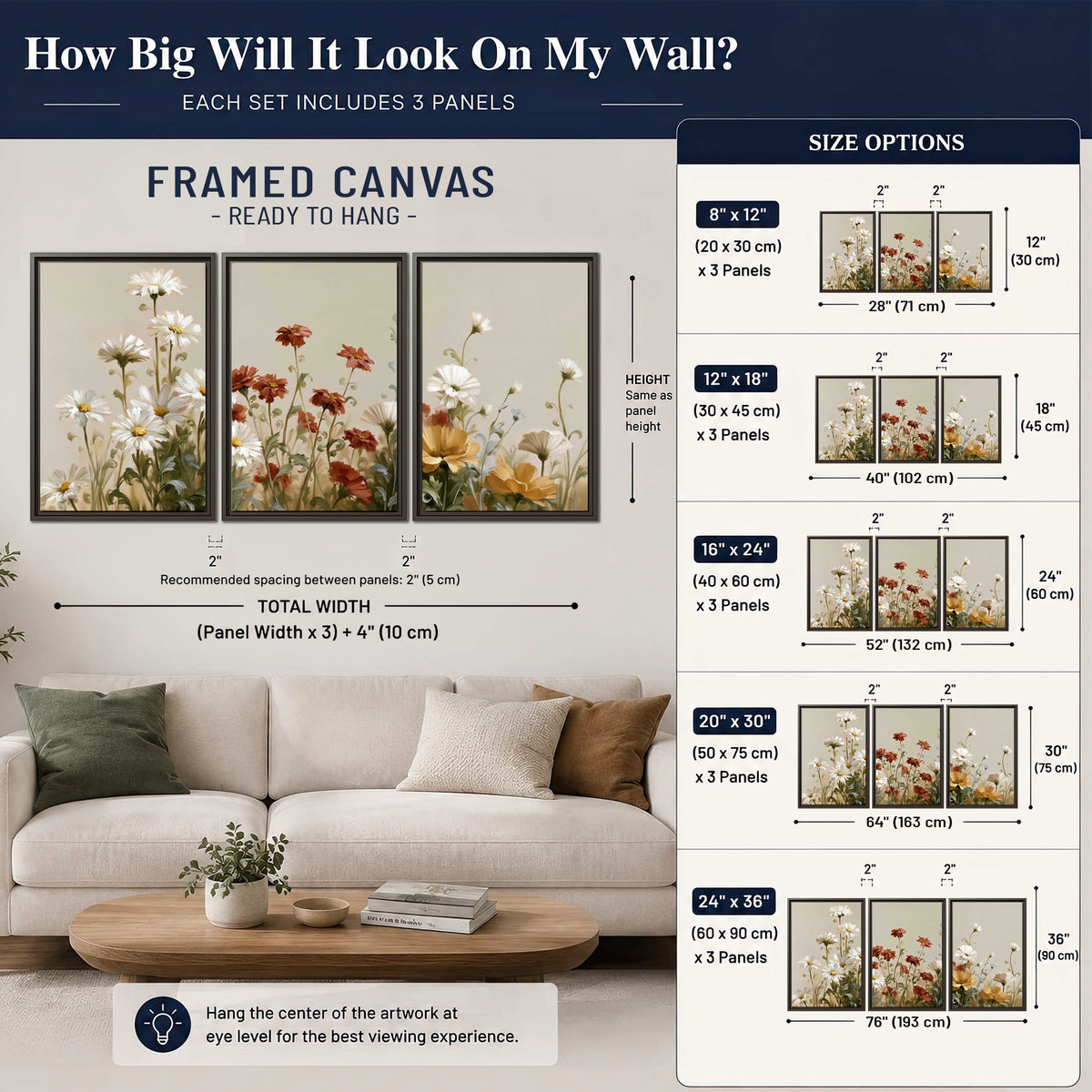 White wildflowers and warm red blossoms rising against a soft beige background 3 piece framed canvas wall art size guide above a sofa; room view is illustrative