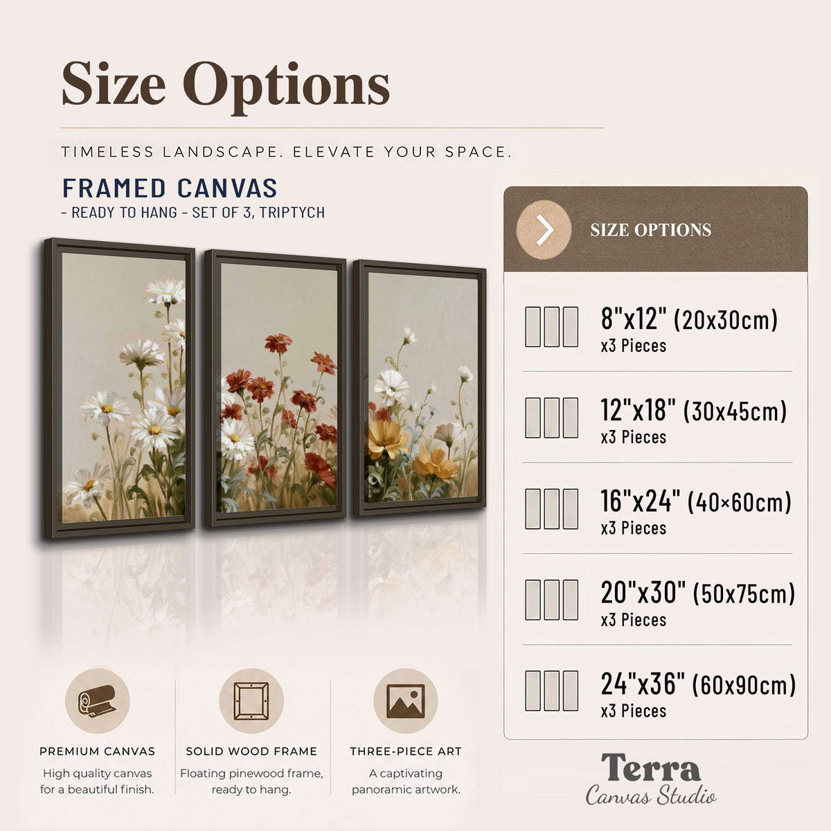 White wildflowers and warm red blossoms rising against a soft beige background 3 piece framed canvas wall art available dimensions; triptych dimensions are per panel