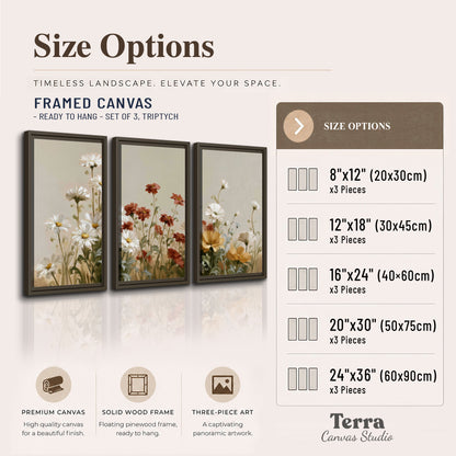 White wildflowers and warm red blossoms rising against a soft beige background 3 piece framed canvas wall art available dimensions; triptych dimensions are per panel