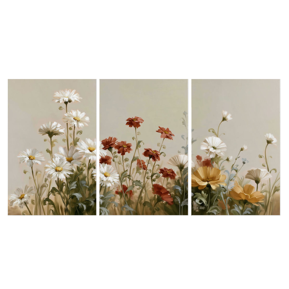 White wildflowers and warm red blossoms rising against a soft beige background set of 3 poster prints viewed straight on