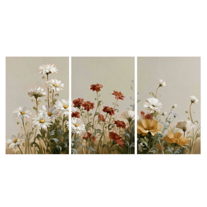 White wildflowers and warm red blossoms rising against a soft beige background set of 3 poster prints viewed straight on