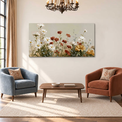 White wildflowers and warm red blossoms rising against a soft beige background single canvas wall art styled in an interior
