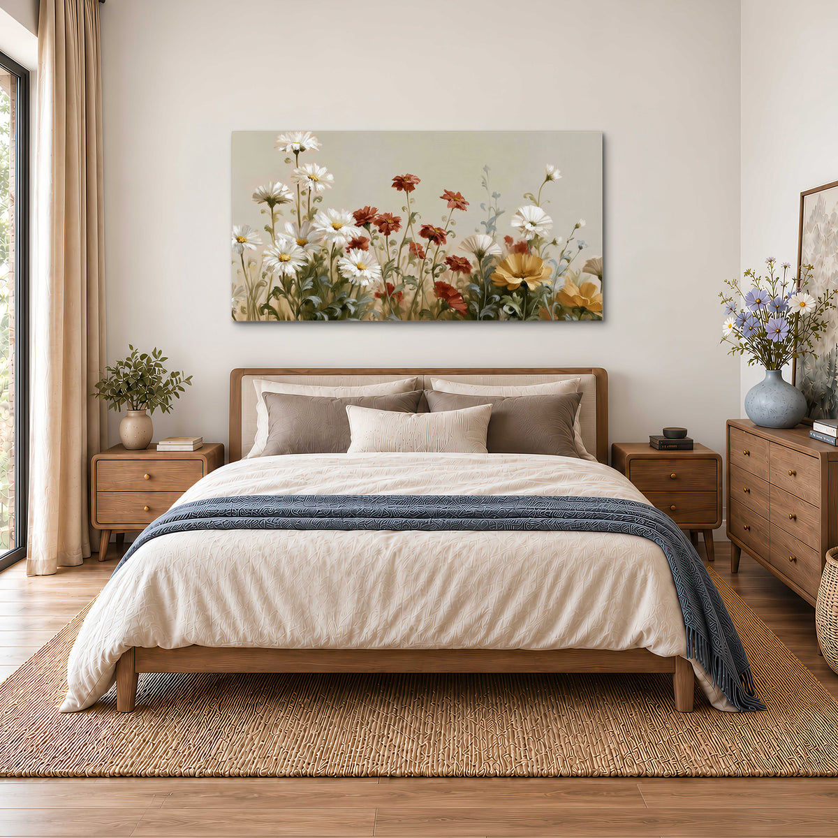 White wildflowers and warm red blossoms rising against a soft beige background single canvas wall art styled in an interior