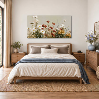 White wildflowers and warm red blossoms rising against a soft beige background single canvas wall art styled in an interior