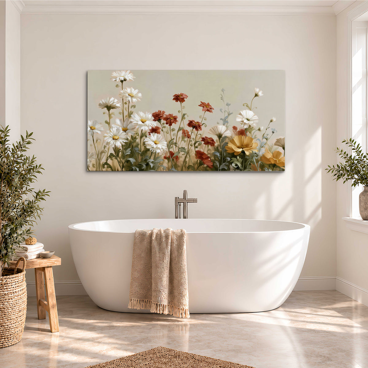 White wildflowers and warm red blossoms rising against a soft beige background single canvas wall art styled in an interior