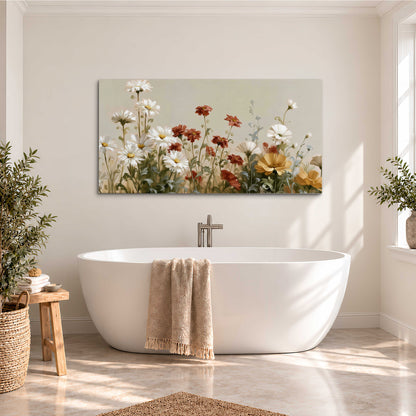 White wildflowers and warm red blossoms rising against a soft beige background single canvas wall art styled in an interior