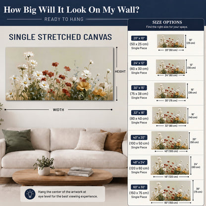 White wildflowers and warm red blossoms rising against a soft beige background single canvas wall art size guide above a sofa; room view is illustrative