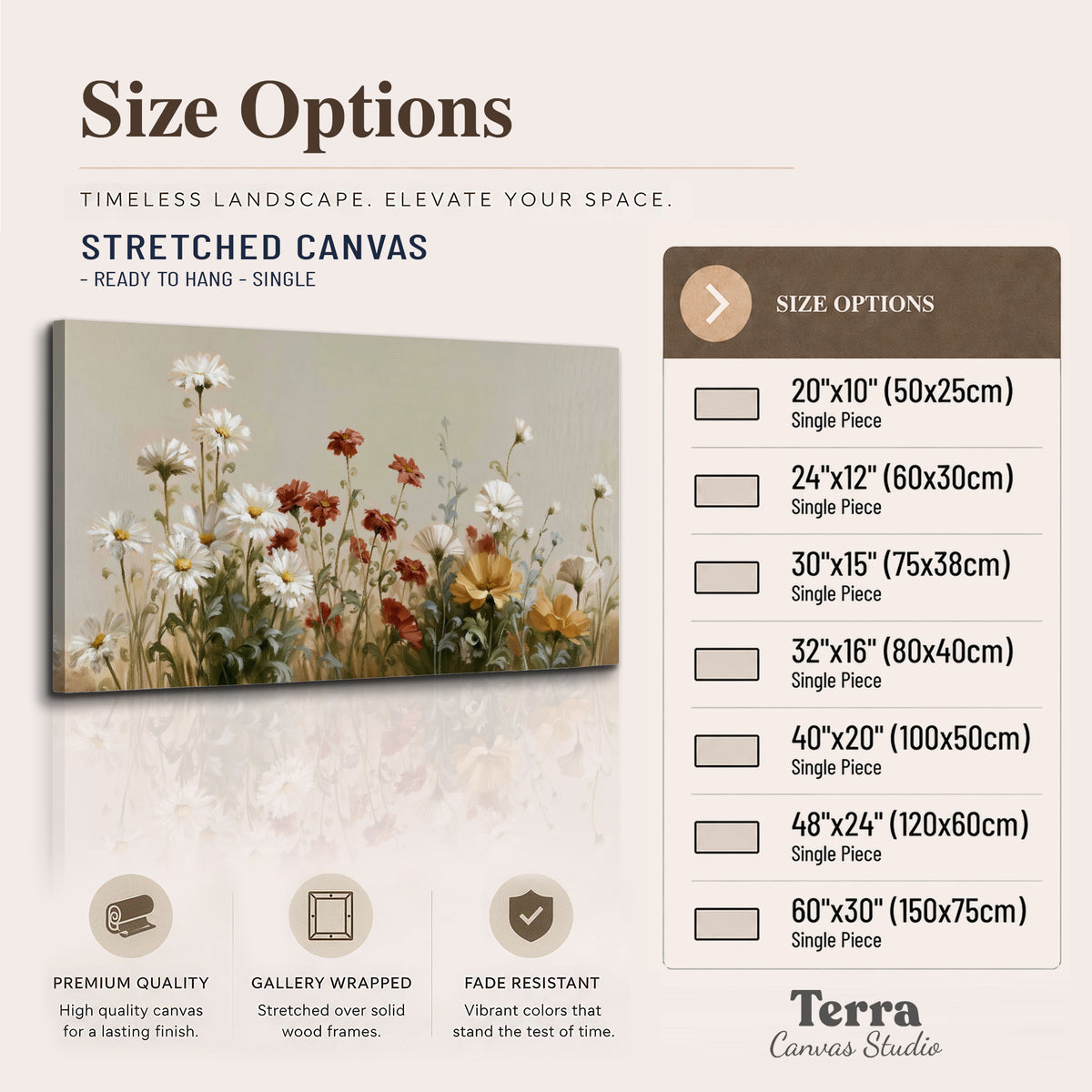 White wildflowers and warm red blossoms rising against a soft beige background single canvas wall art available dimensions