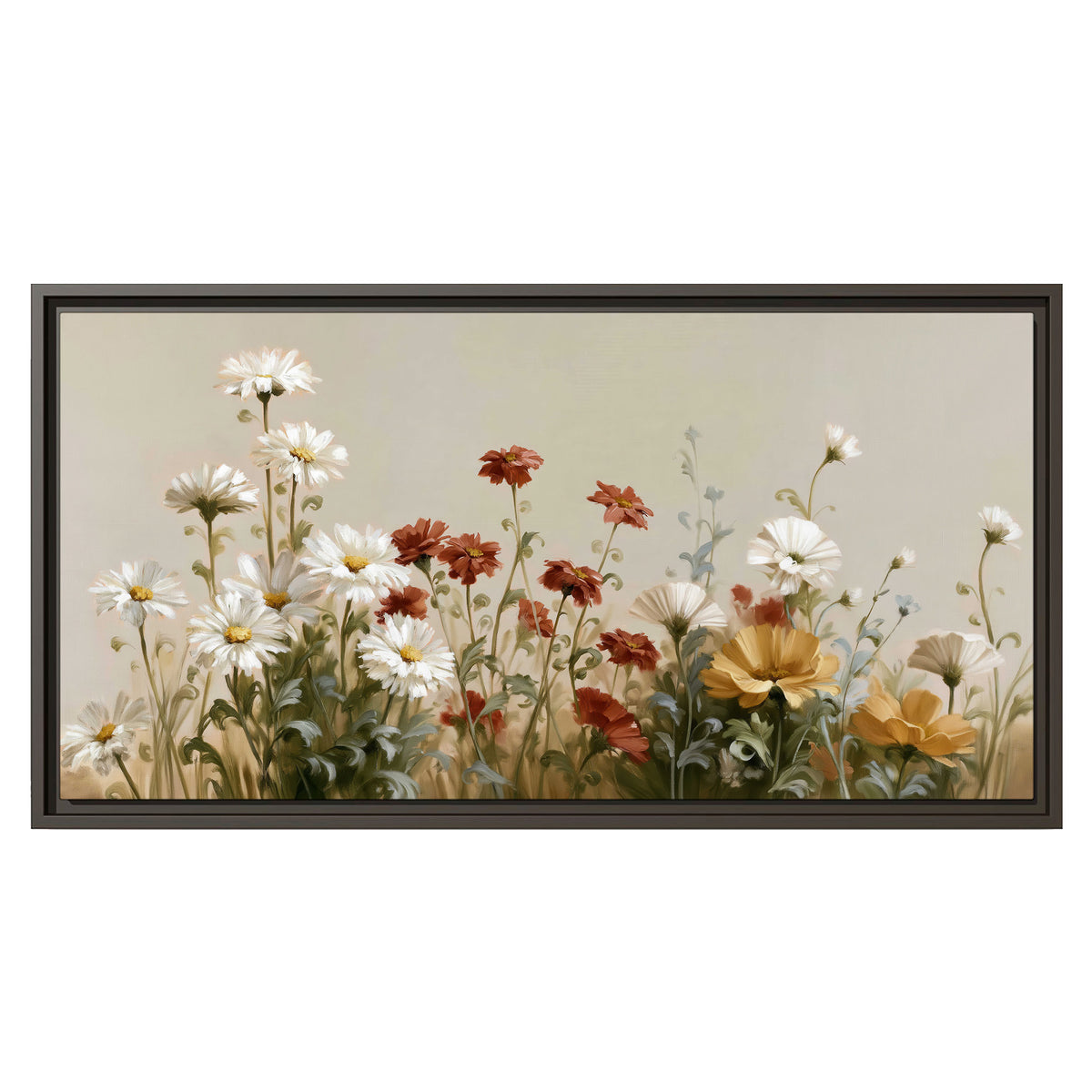 White wildflowers and warm red blossoms rising against a soft beige background single framed canvas wall art viewed straight on