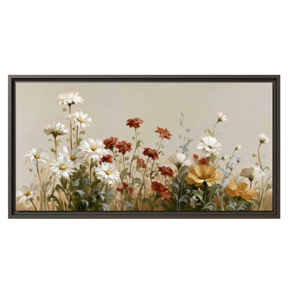 White wildflowers and warm red blossoms rising against a soft beige background single framed canvas wall art viewed straight on
