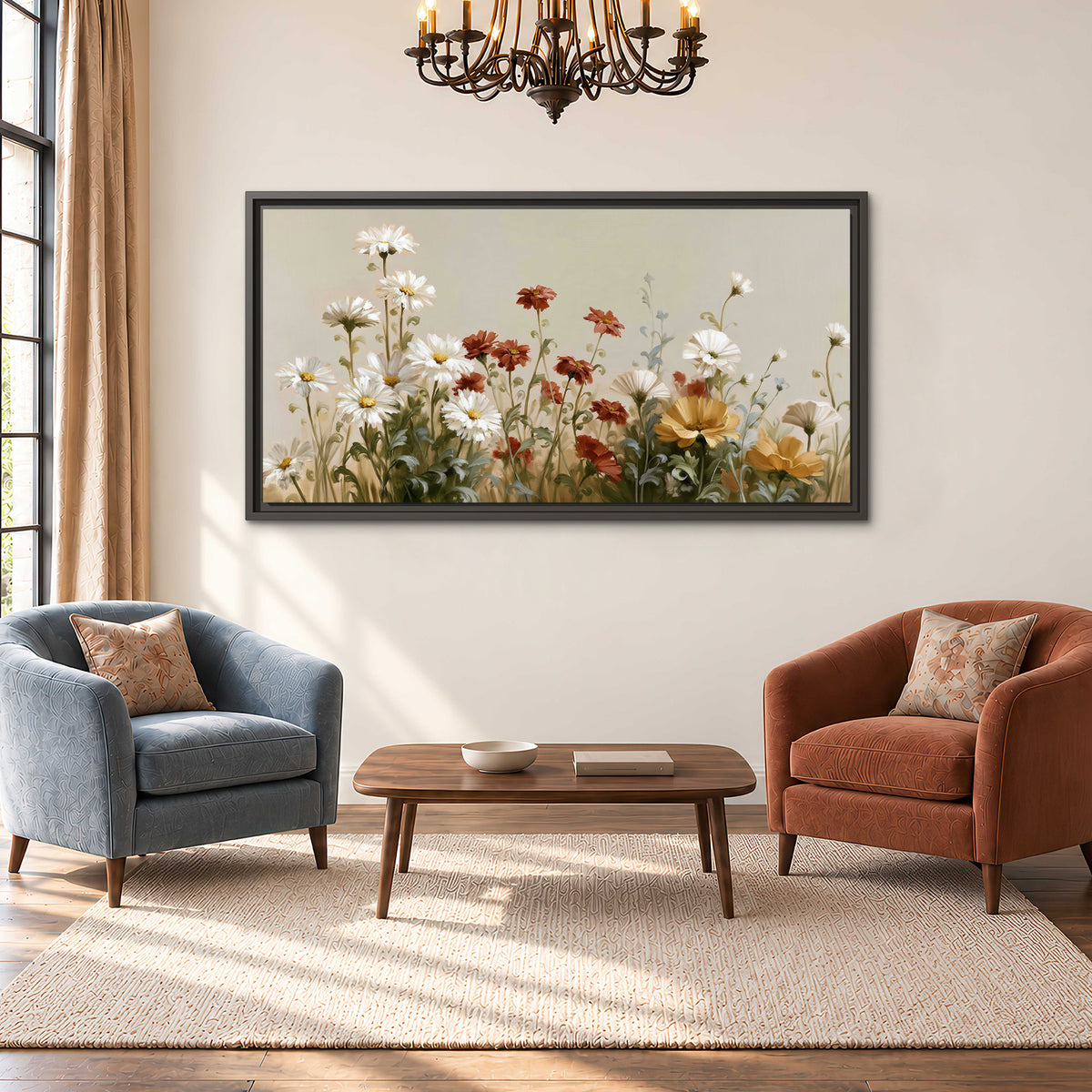 White wildflowers and warm red blossoms rising against a soft beige background single framed canvas wall art styled in an interior
