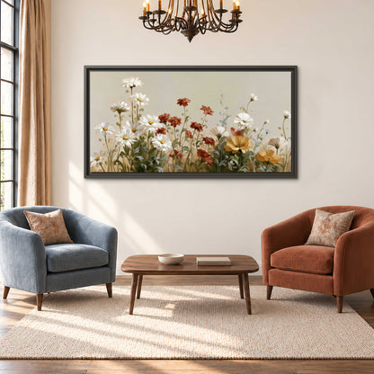 White wildflowers and warm red blossoms rising against a soft beige background single framed canvas wall art styled in an interior