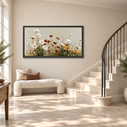 White wildflowers and warm red blossoms rising against a soft beige background single framed canvas wall art styled in an interior