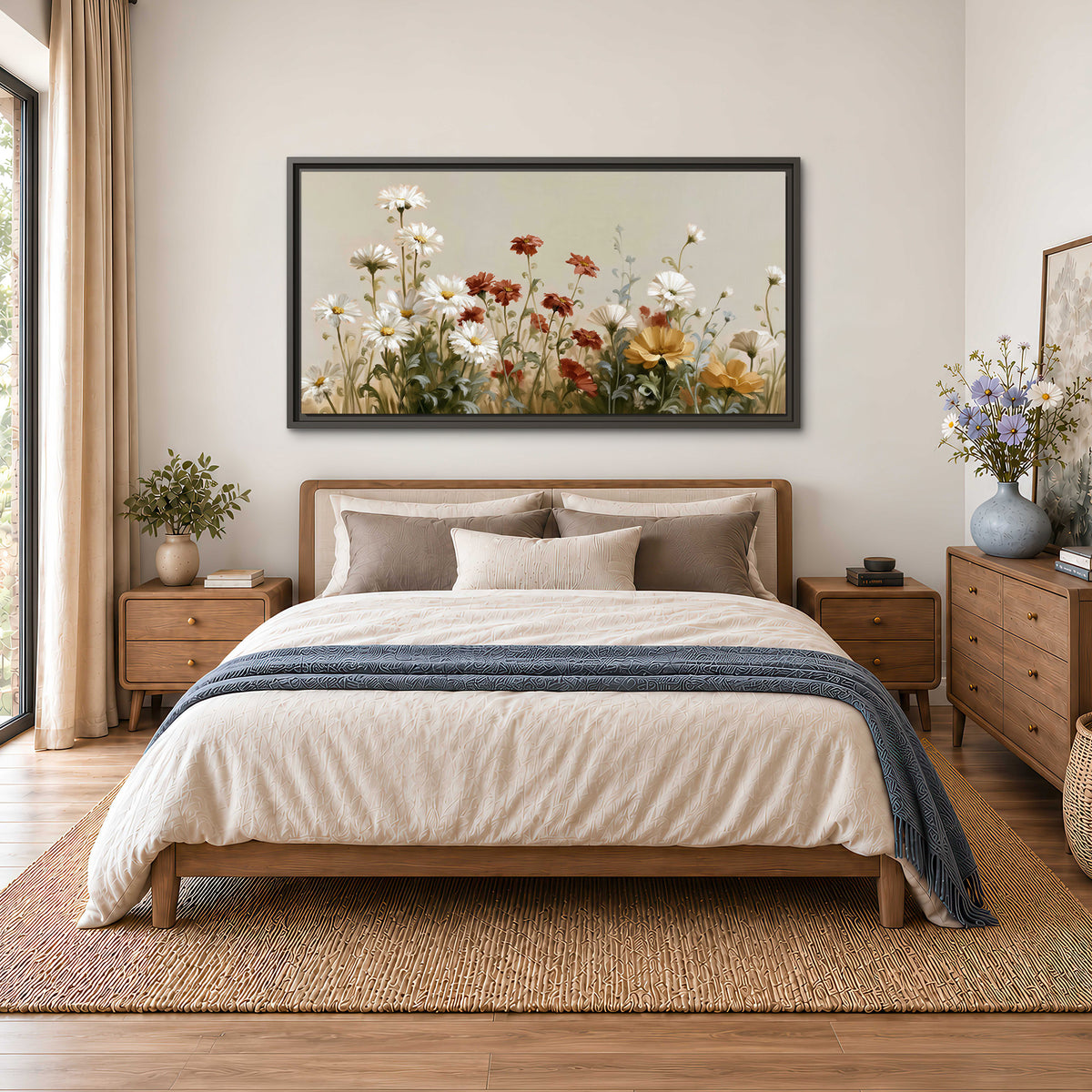 White wildflowers and warm red blossoms rising against a soft beige background single framed canvas wall art styled in an interior