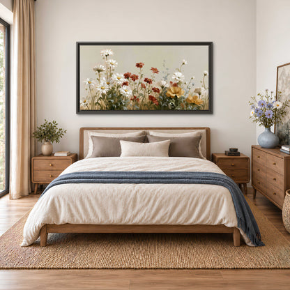 White wildflowers and warm red blossoms rising against a soft beige background single framed canvas wall art styled in an interior