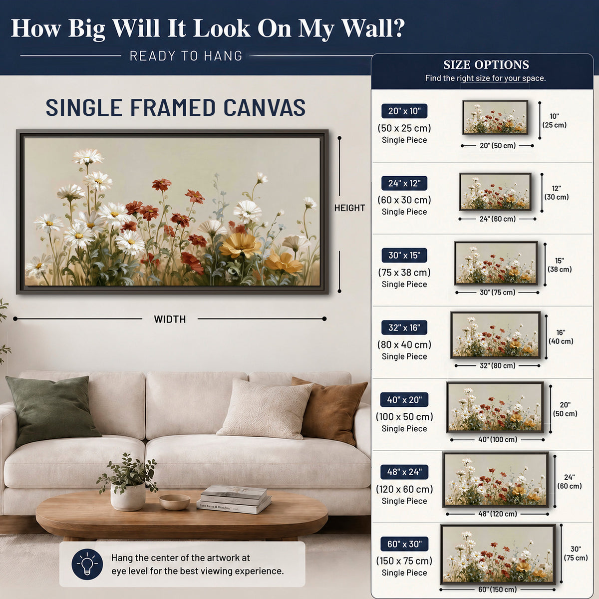 White wildflowers and warm red blossoms rising against a soft beige background single framed canvas wall art size guide above a sofa; room view is illustrative