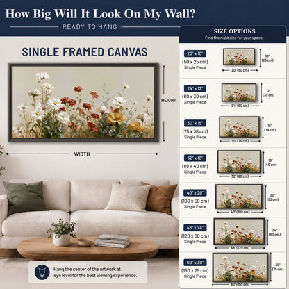 White wildflowers and warm red blossoms rising against a soft beige background single framed canvas wall art size guide above a sofa; room view is illustrative