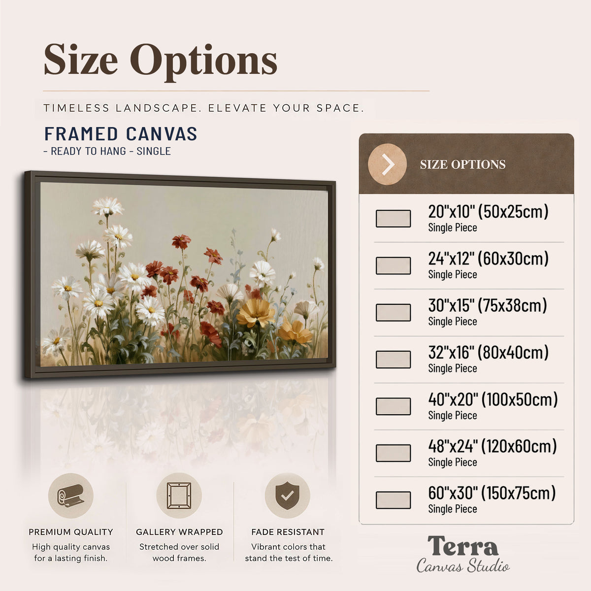 White wildflowers and warm red blossoms rising against a soft beige background single framed canvas wall art available dimensions