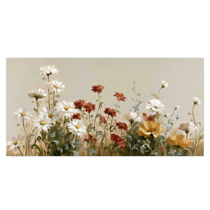 White wildflowers and warm red blossoms rising against a soft beige background single poster print viewed straight on