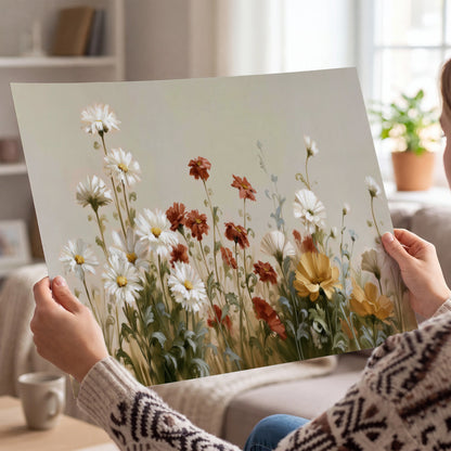 White wildflowers and warm red blossoms rising against a soft beige background single poster print held in hands