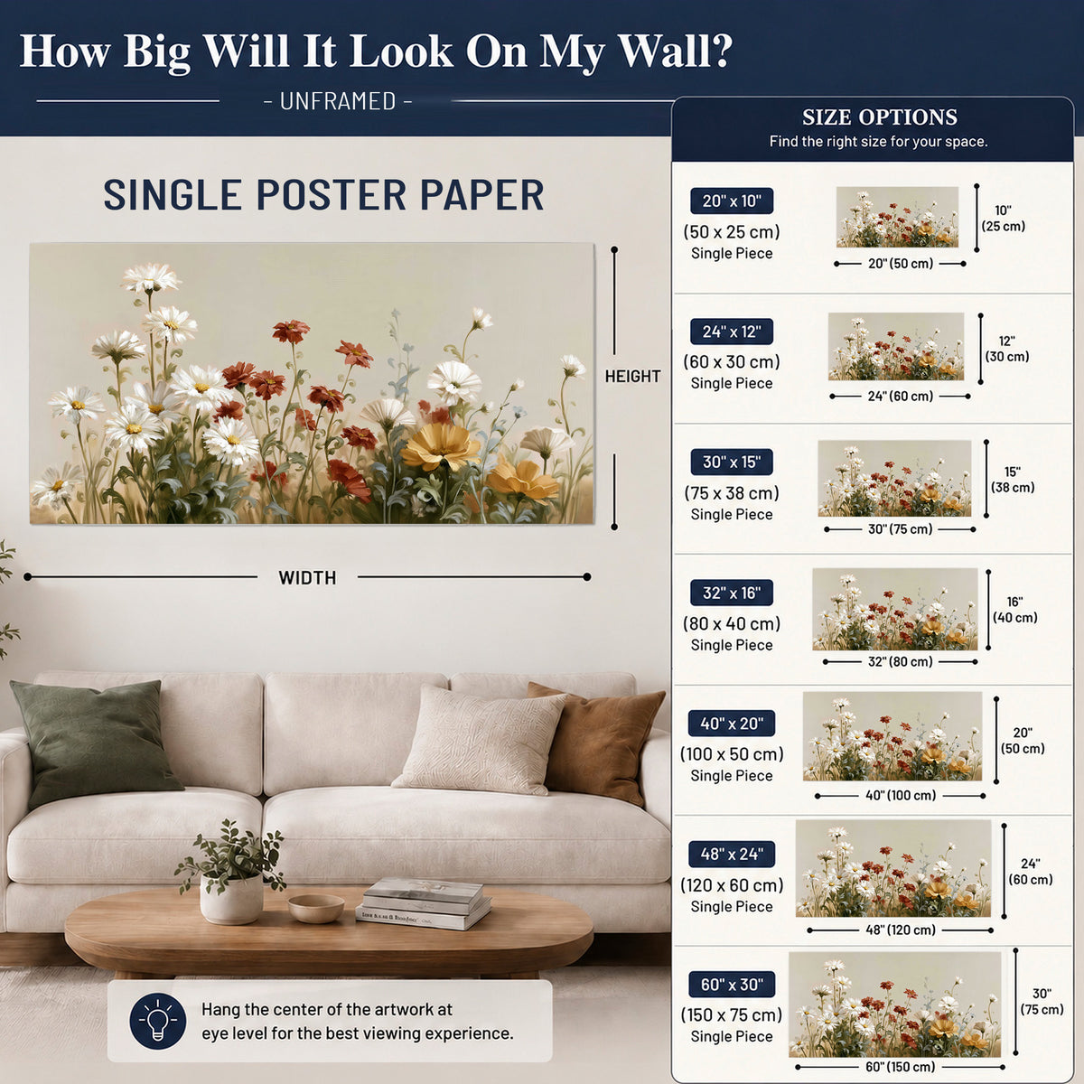 White wildflowers and warm red blossoms rising against a soft beige background single poster print size guide above a sofa; room view is illustrative