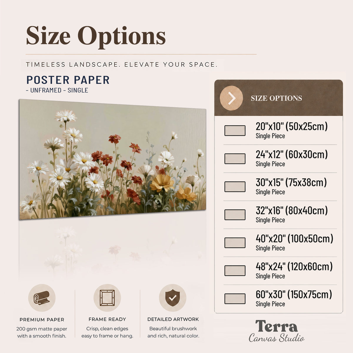 White wildflowers and warm red blossoms rising against a soft beige background single poster print available dimensions