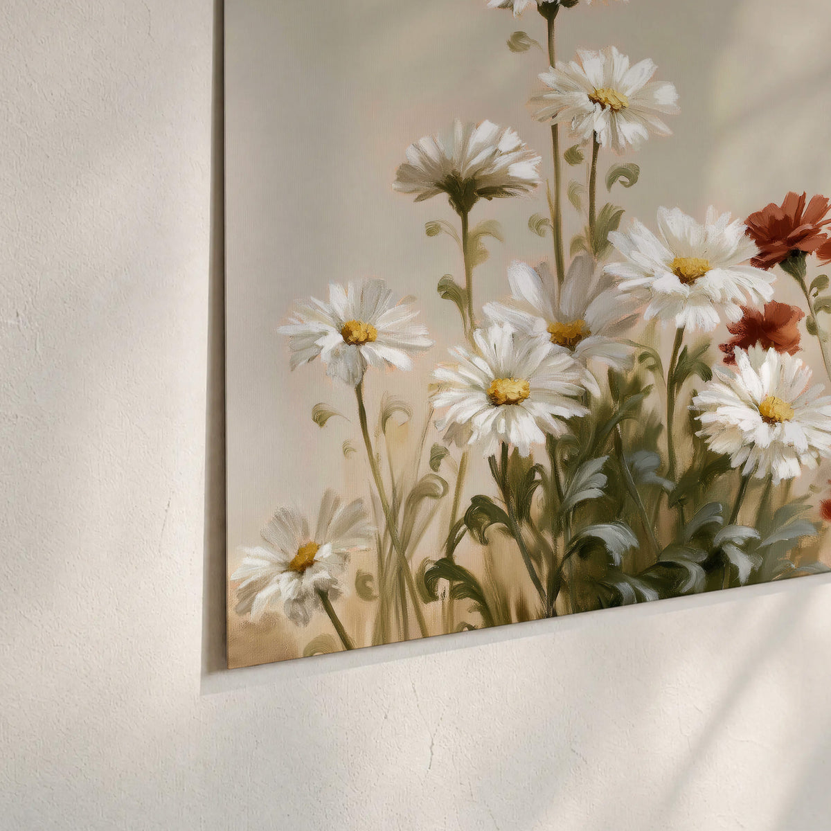 White wildflowers and warm red blossoms rising against a soft beige background set of 3 poster prints material and edge close up