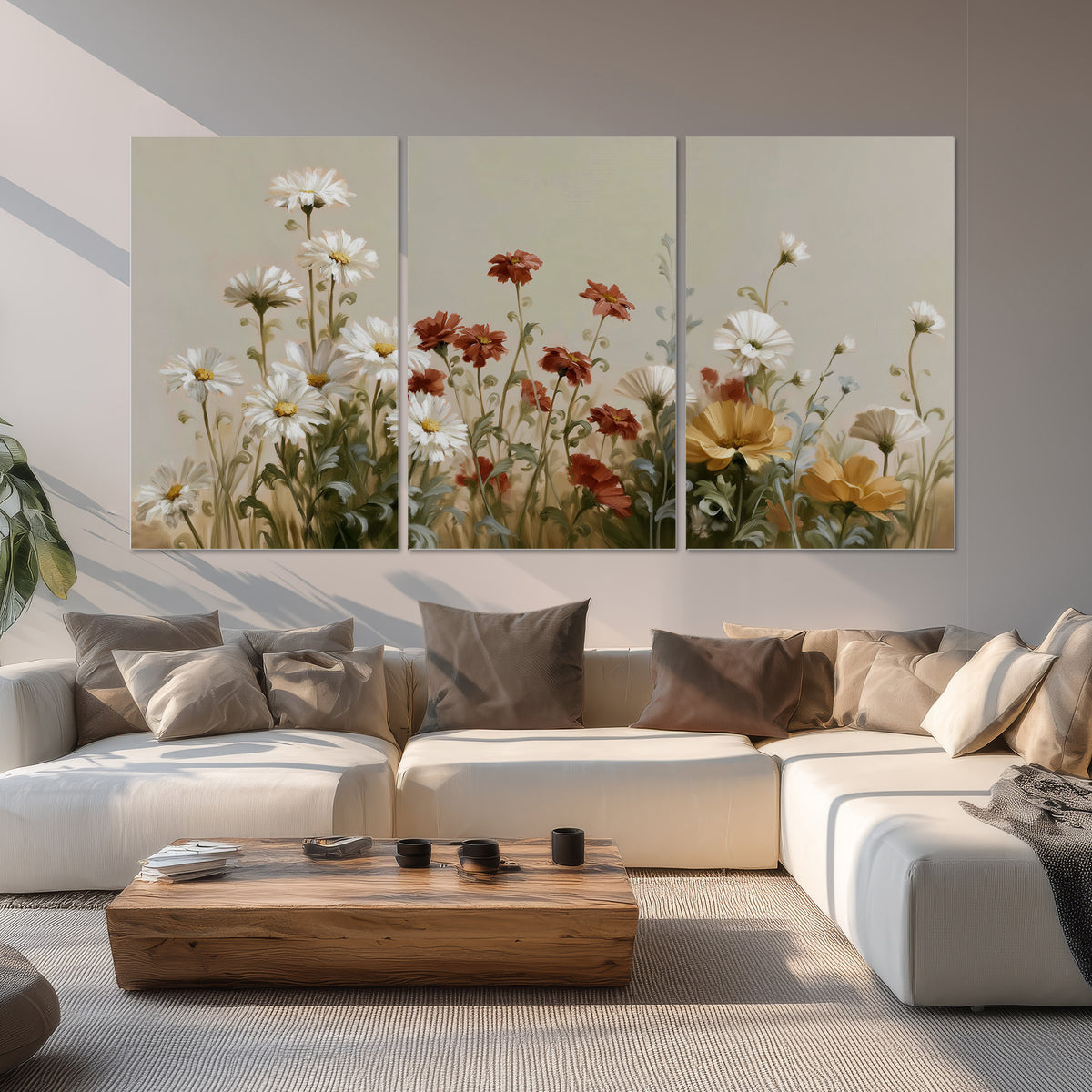 White wildflowers and warm red blossoms rising against a soft beige background set of 3 poster prints displayed in a living room