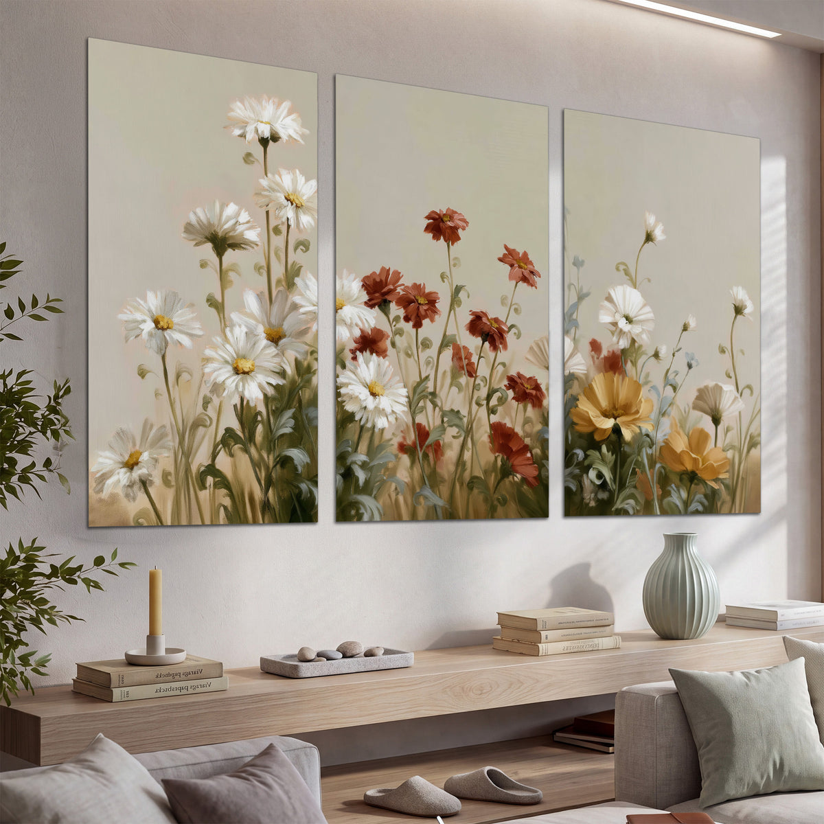 White wildflowers and warm red blossoms rising against a soft beige background set of 3 poster prints displayed in a console