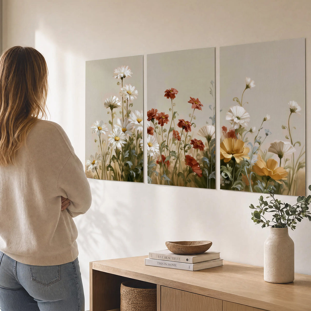 White wildflowers and warm red blossoms rising against a soft beige background set of 3 poster prints three panel arrangement on a wall