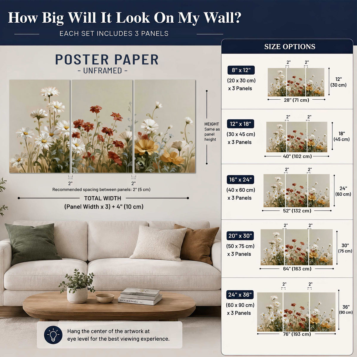 White wildflowers and warm red blossoms rising against a soft beige background set of 3 poster prints size guide above a sofa; room view is illustrative