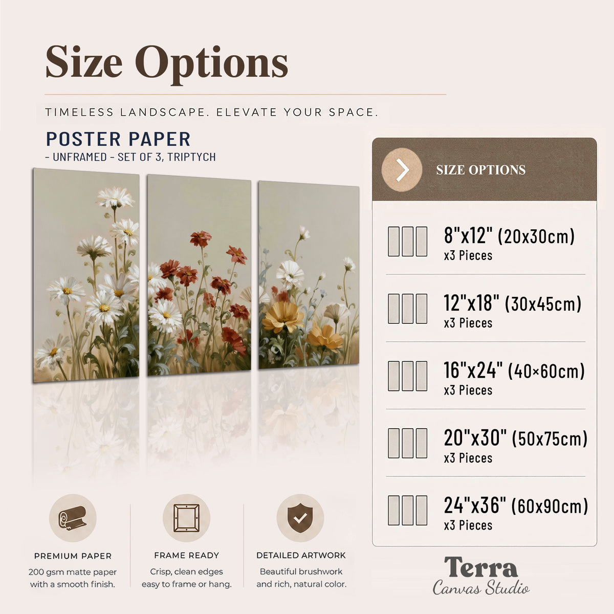 White wildflowers and warm red blossoms rising against a soft beige background set of 3 poster prints available dimensions; triptych dimensions are per panel