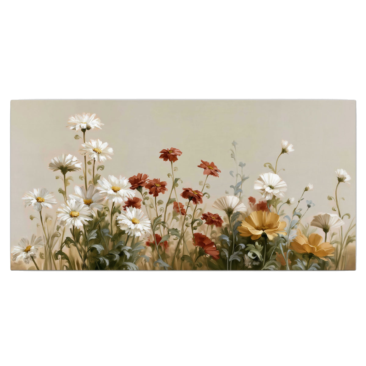 White wildflowers and warm red blossoms rising against a soft beige background single canvas wall art viewed straight on