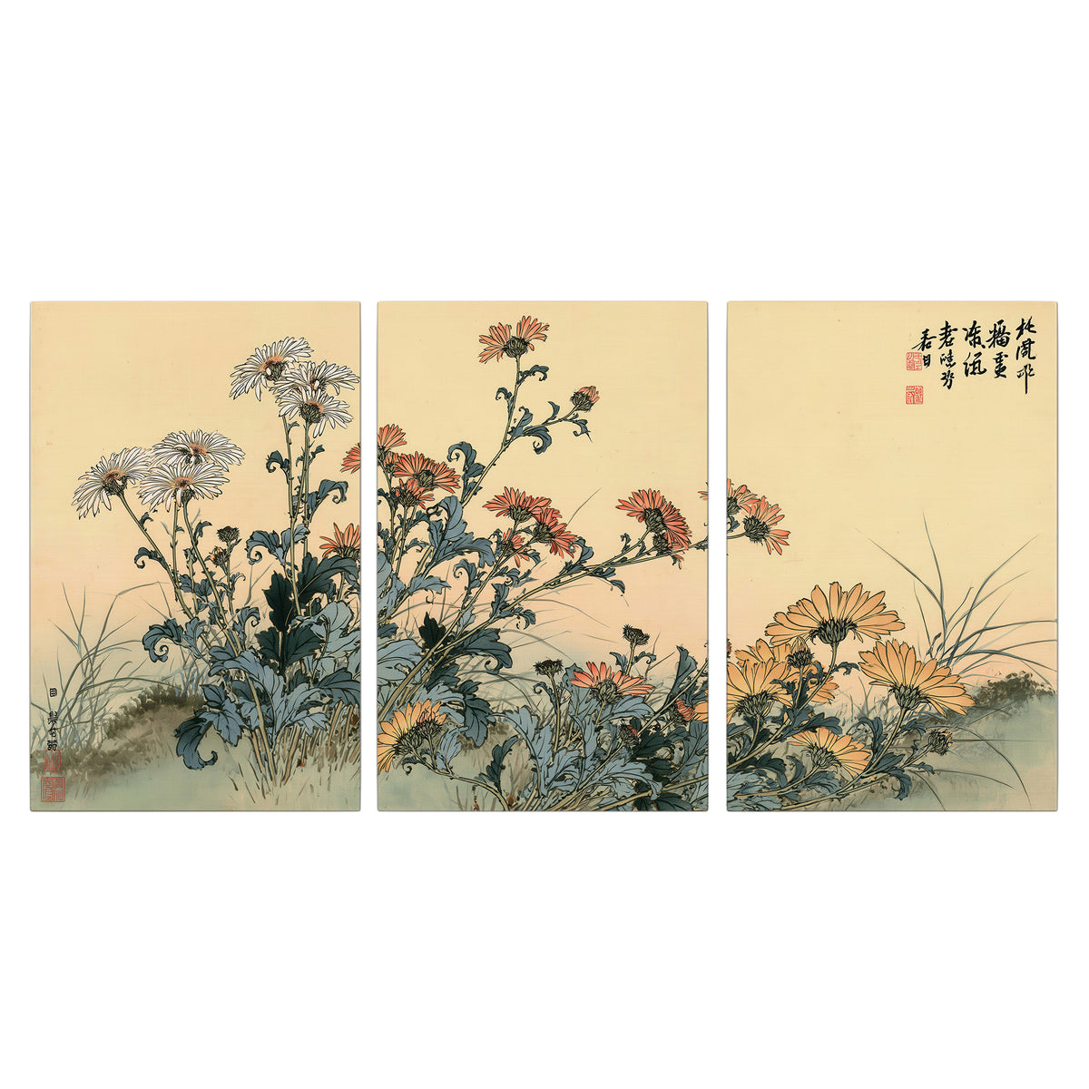 Flowering plants and a butterfly arranged on a warm cream ground with decorative script 3 piece canvas wall art viewed straight on