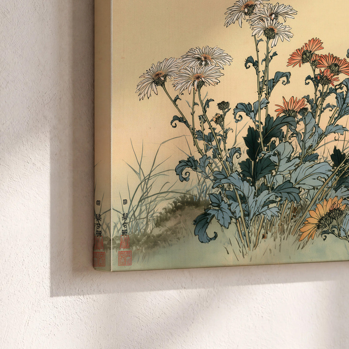 Flowering plants and a butterfly arranged on a warm cream ground with decorative script 3 piece canvas wall art material and edge close up