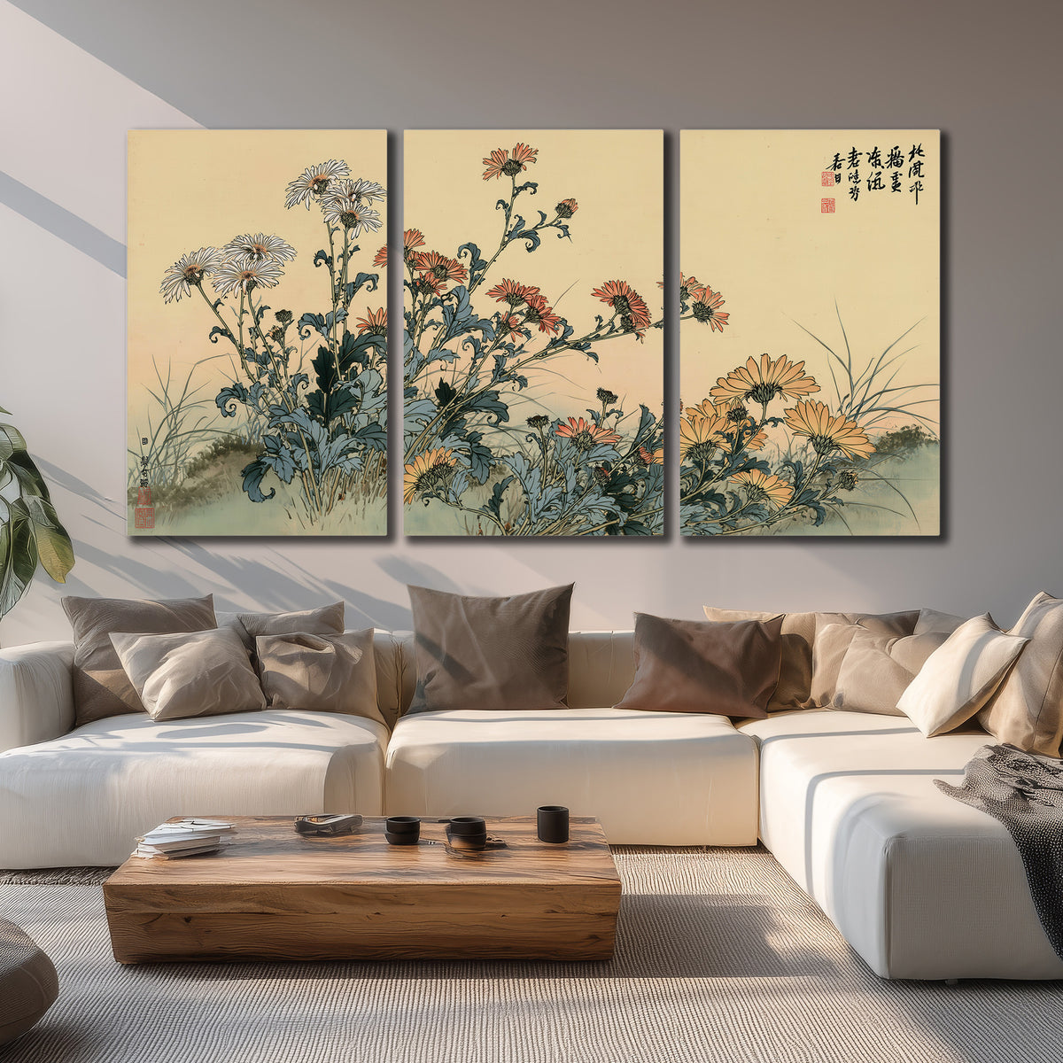Flowering plants and a butterfly arranged on a warm cream ground with decorative script 3 piece canvas wall art displayed in a living room