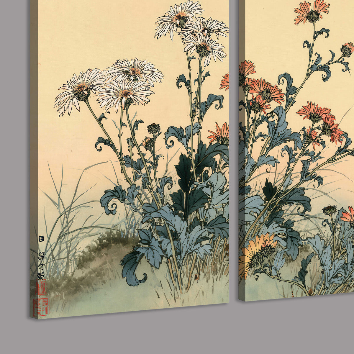 Flowering plants and a butterfly arranged on a warm cream ground with decorative script 3 piece canvas wall art room and product view