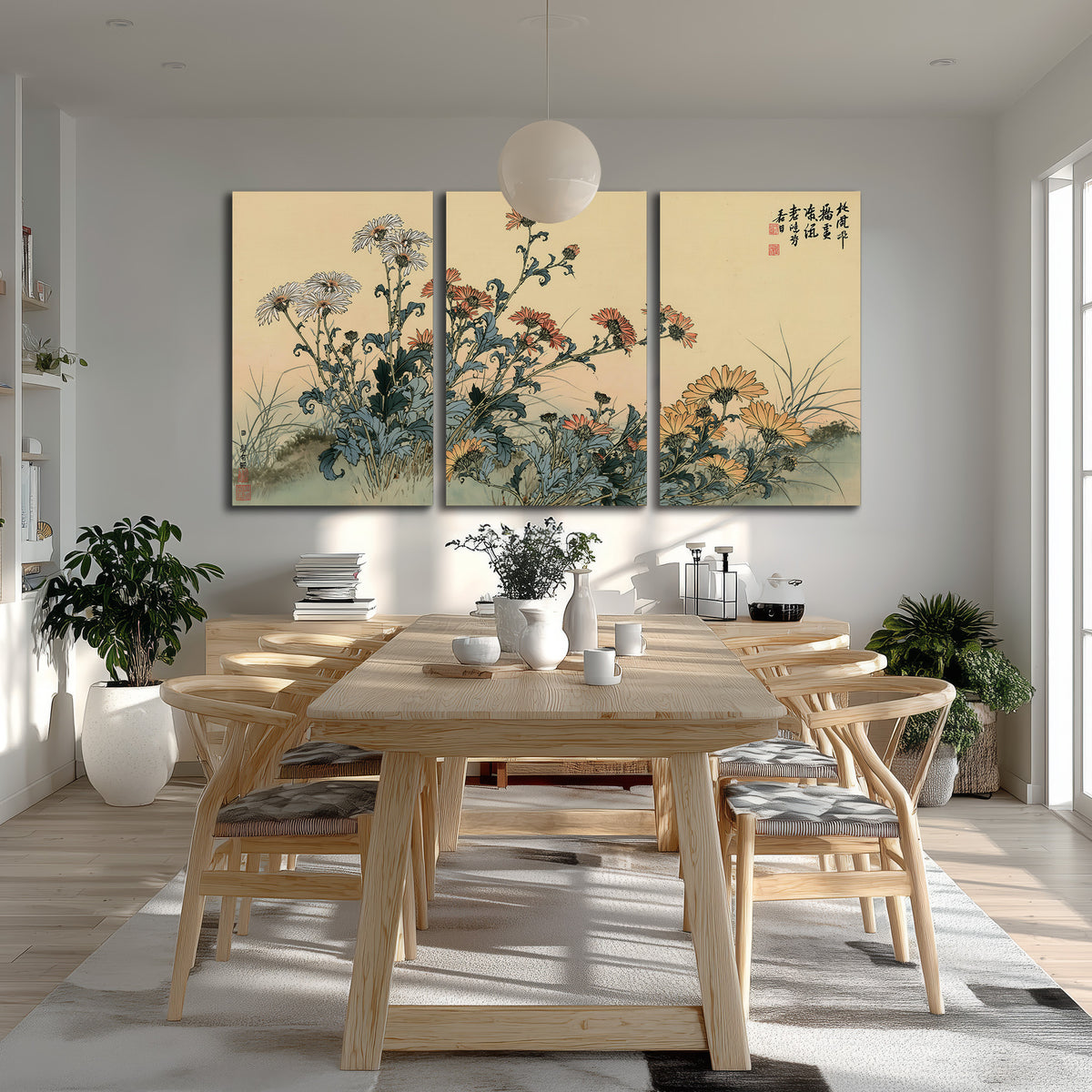 Flowering plants and a butterfly arranged on a warm cream ground with decorative script 3 piece canvas wall art room and product view