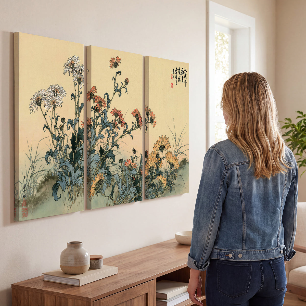 Flowering plants and a butterfly arranged on a warm cream ground with decorative script 3 piece canvas wall art three panel arrangement on a wall