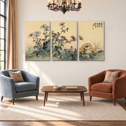 Flowering plants and a butterfly arranged on a warm cream ground with decorative script 3 piece canvas wall art styled in an interior