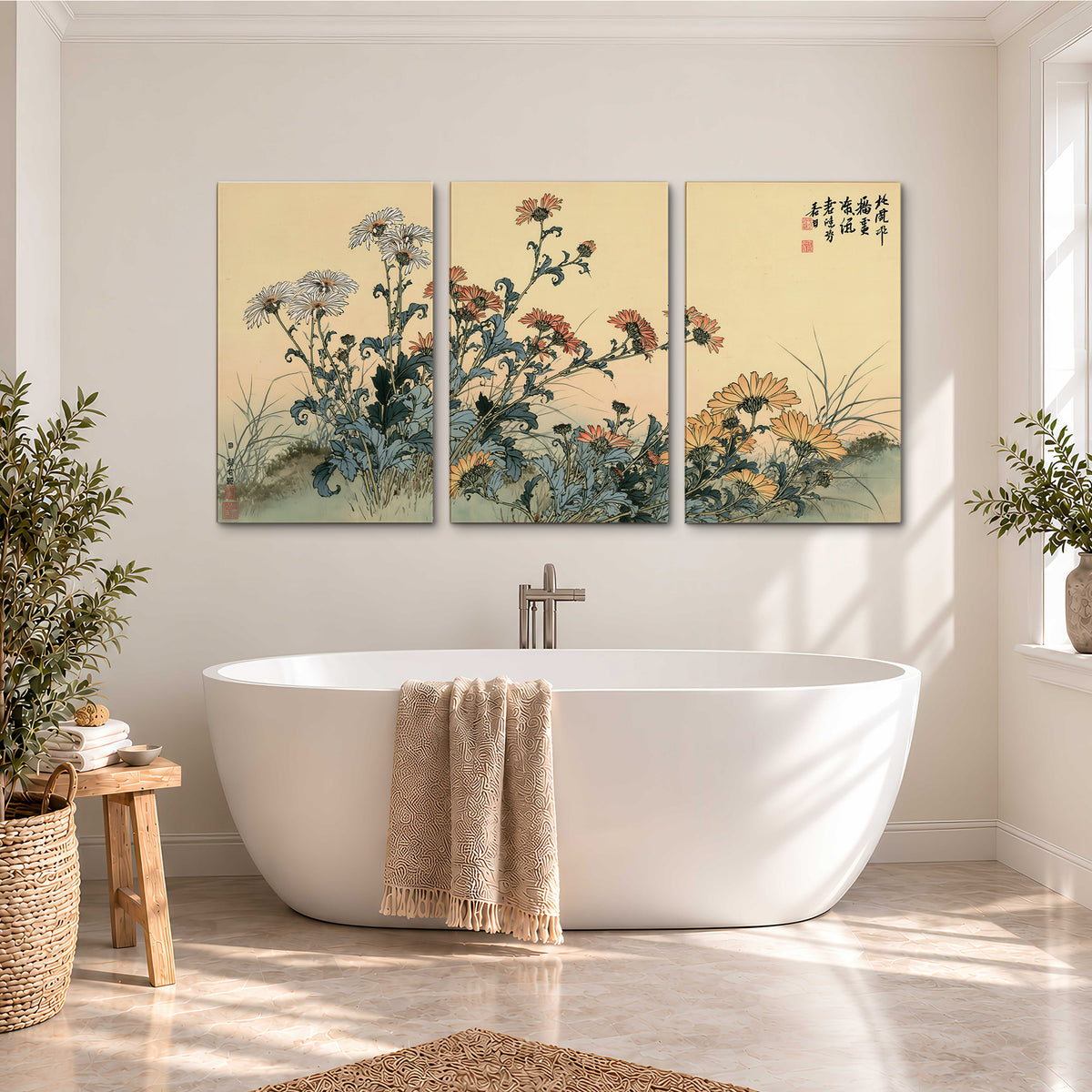 Flowering plants and a butterfly arranged on a warm cream ground with decorative script 3 piece canvas wall art styled in an interior
