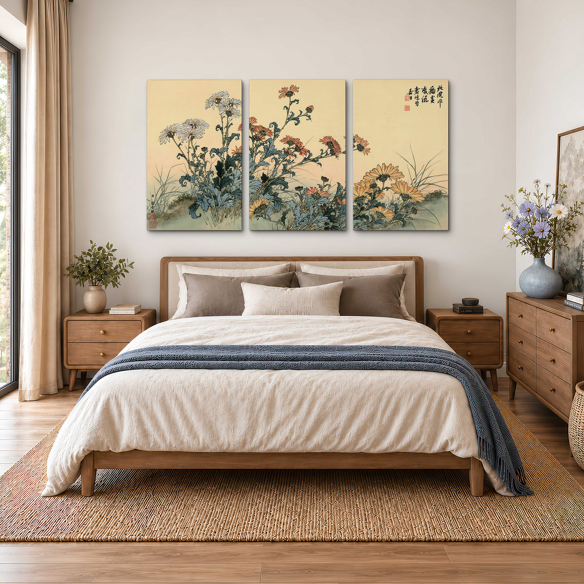 Flowering plants and a butterfly arranged on a warm cream ground with decorative script 3 piece canvas wall art styled in an interior