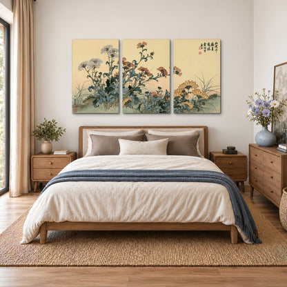 Flowering plants and a butterfly arranged on a warm cream ground with decorative script 3 piece canvas wall art styled in an interior