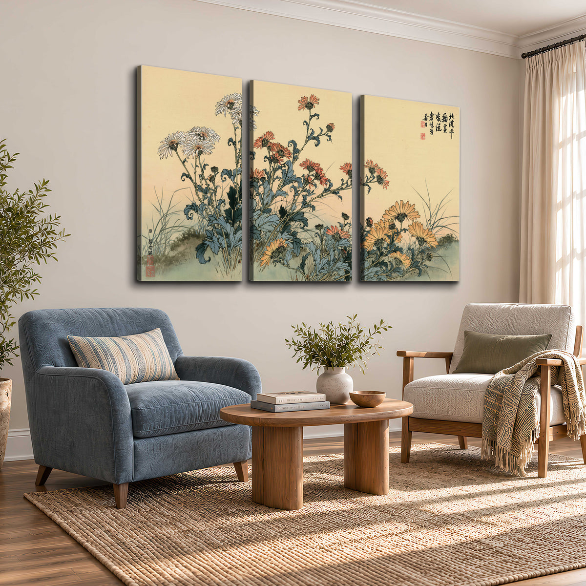 Flowering plants and a butterfly arranged on a warm cream ground with decorative script 3 piece canvas wall art styled in an interior