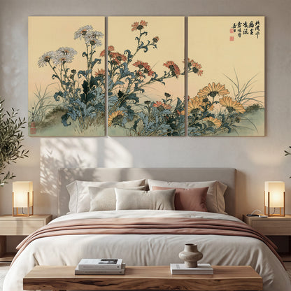 Flowering plants and a butterfly arranged on a warm cream ground with decorative script 3 piece canvas wall art displayed in a bedroom